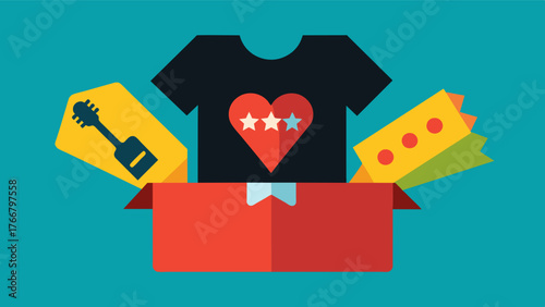 A box filled with concert tickets band tshirts and guitar picks holding memories of a persons love for music and the unique experiences they had at concerts.. Vector illustration