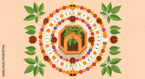 Traditional indian festival decoration with colorful flower garlands and green leaves isolated on transparent background