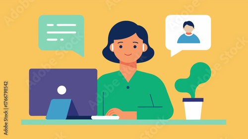 A caregiver attending a virtual workshop or training on caregiving skills and techniques with a caption that reads Continuing education and support for caregivers through virtual. Vector illustration