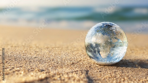 smooth sea pebble reflecting the Earth planet on its glossy surface, placed on a bright sandy beach, calm sea in the background, eco concept, ultra
