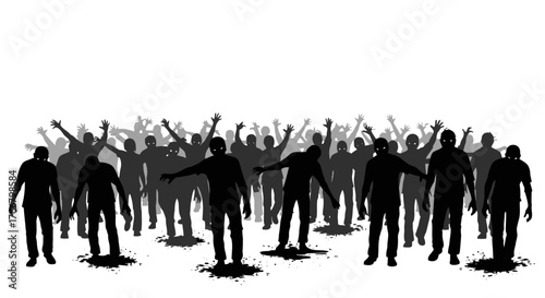 Spooky black and white graphic vector illustration depicting a menacing group of silhouetted figures with arms reaching, evoking concepts of a restless crowd, fear, and human movement