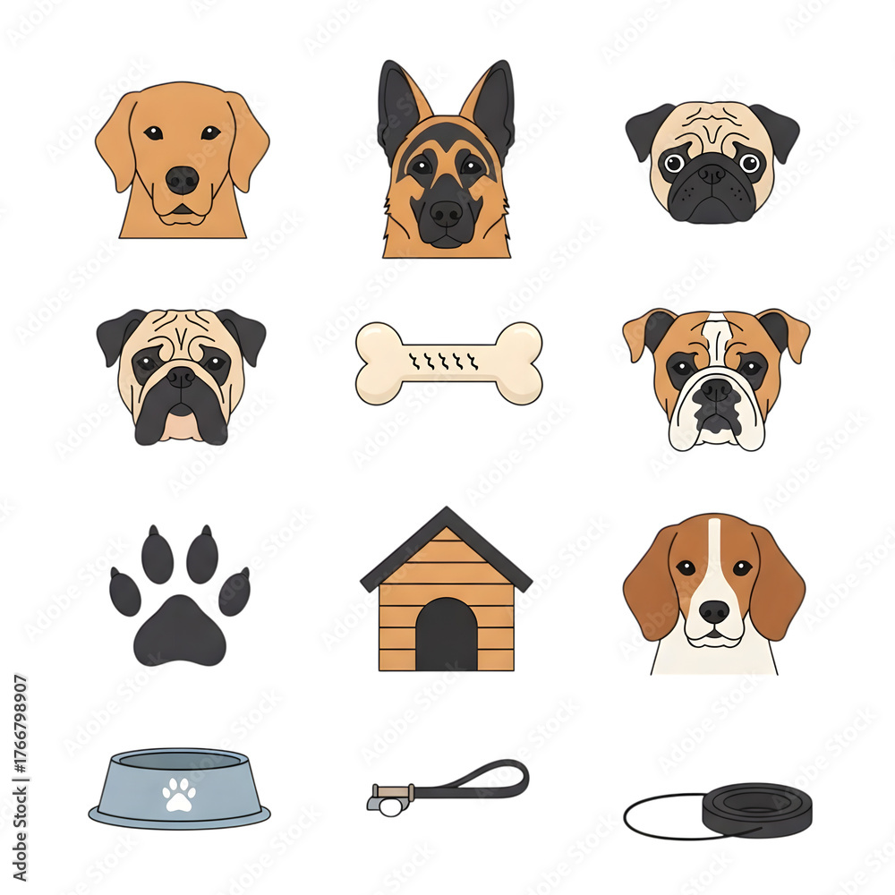 Obraz premium Illustration of dog breeds and accessories vector illustration isolated on transparent background cute cartoon dog faces, bone, paw print, dog house, bowl, leash and collar design elements