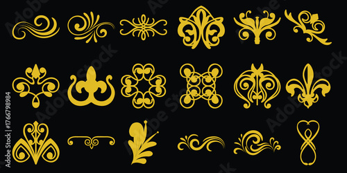 Collection of Golden Ornate Decorative Flourishes and Embellishments on Black