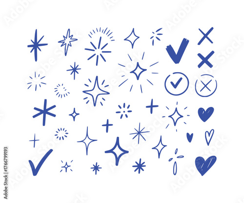Collection of Hand-Drawn Blue Stars, Checkmarks, Hearts, and Crosses