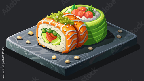 Very beautiful, appetizing sushi roll California with avocado, shrimp, cheese, and masago caviar on a black stone plate, elegant Japanese cuisine, gourmet seafood dish, and artistic food presentation.