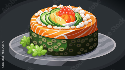 Very beautiful, appetizing sushi roll California with avocado, shrimp, cheese, and masago caviar on a black stone plate, elegant Japanese cuisine, gourmet seafood dish, and artistic food presentation.