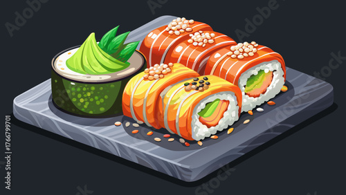 Very beautiful, appetizing sushi roll California with avocado, shrimp, cheese, and masago caviar on a black stone plate, elegant Japanese cuisine, gourmet seafood dish, and artistic food presentation.