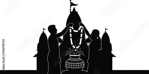 Silhouette of people performing a religious ceremony with a garland and pot in front of a temple isolated on transparent background