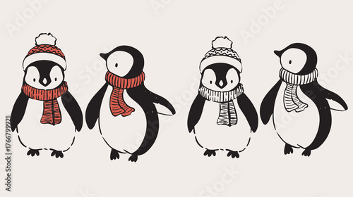 Adorable penguins in red scarves warm and happy Christmas illustration for cards.