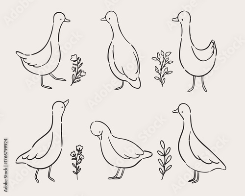 Adorable geese with flowers minimal line art perfect for kids posters and cards