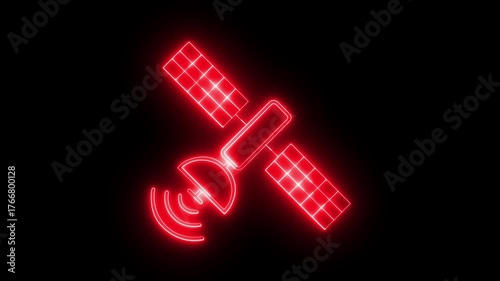 Satellite icon animation glowing neon color network tower internet signal sign symbol on Satellite warning icon animation glowing neon  color satellite danger attention black background