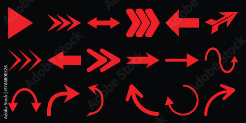 Collection of Red Arrows on a Black Background: Directional Symbols and Navigation Icons