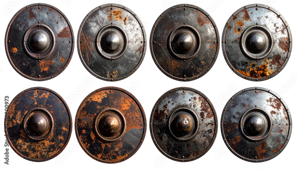 Obraz premium Old Weathered Round Iron Shields, Grunge Metal Badges and Design Elements PNG