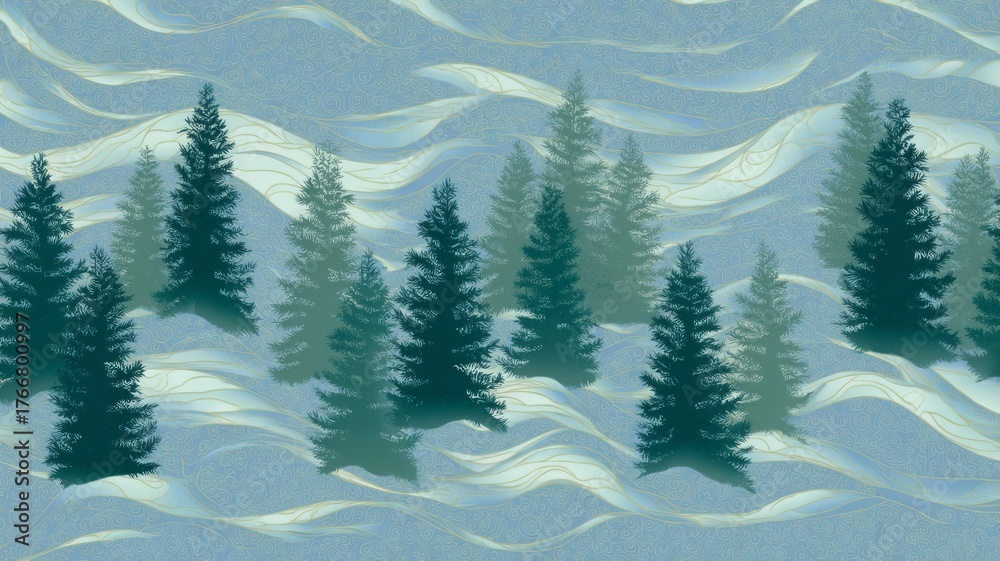 Fototapeta premium Stylized evergreen forest with wave patterns. AI image