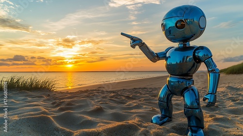 A 3D render of a warrior robot soldier with a helmet gun sitting on white sand on a futuristic beach