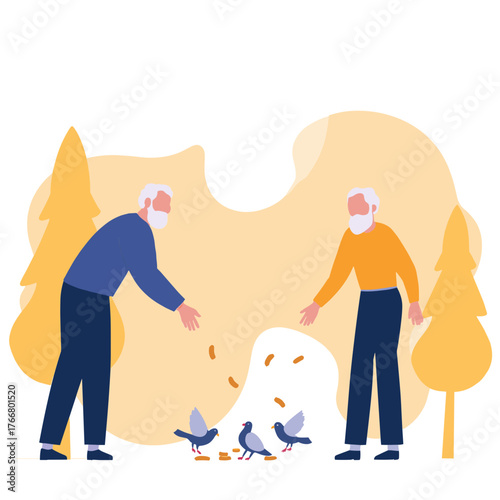 Senior men feeding birds. Elderly men scattering birdseed. Older men feeding pigeons outdoors. Retirees feeding birds together. Elderly set