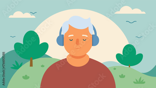 A calm and peaceful atmosphere with soft music or nature sounds minimizing distractions and promoting relaxation for an elderly person with dementia who may feel overwhelmed or. Vector illustration