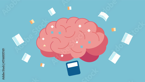 A brain with memory cards flying around it symbolizing how memory exercises can stimulate and activate different areas of the brain.. Vector illustration
