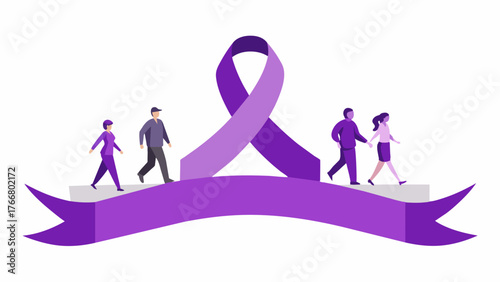 A banner decorated with purple ribbon the symbol for Alzheimers awareness leading the way for the walkers.. Vector illustration