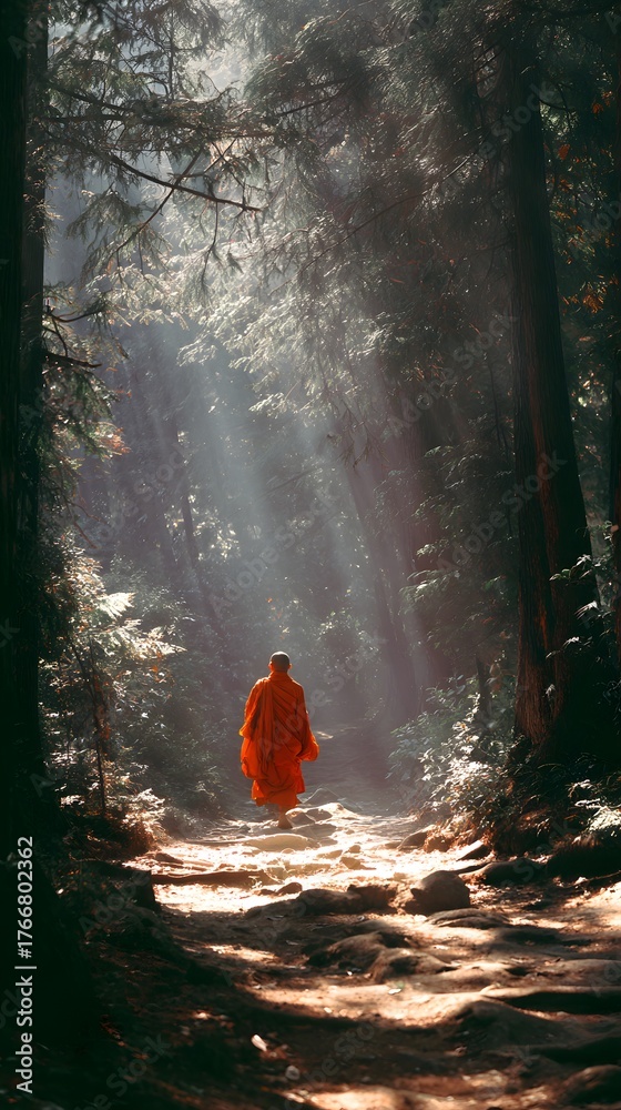 Fototapeta premium Buddhist monk walking through forest path with rays of sunlight