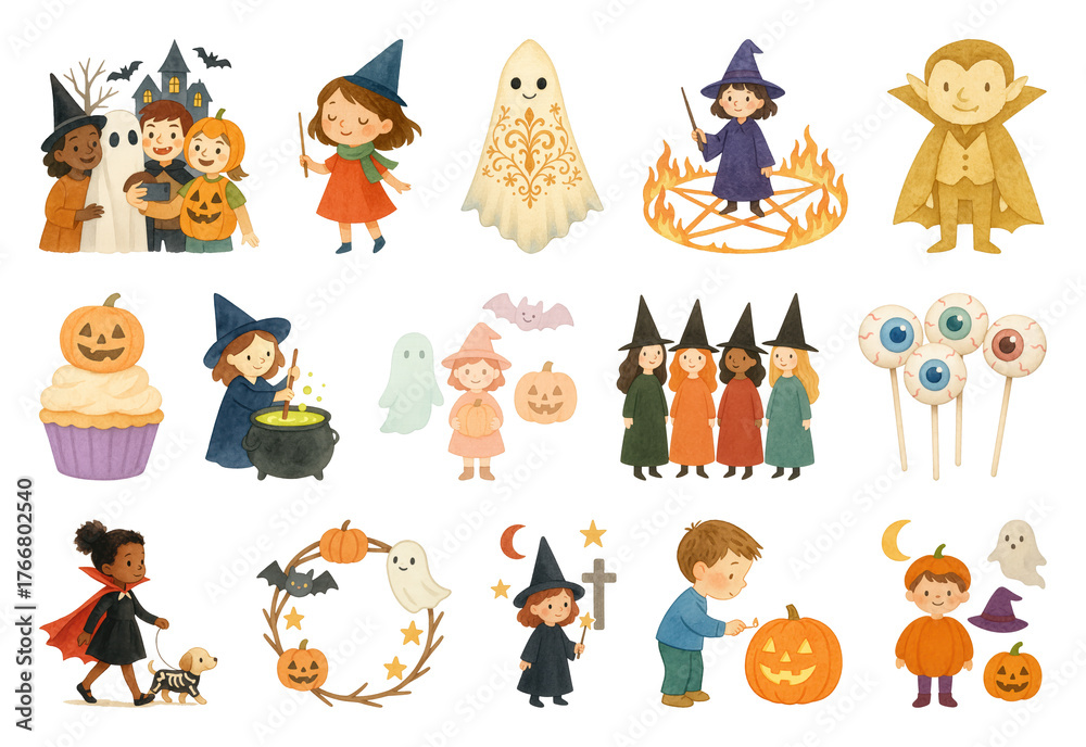 Obraz premium PNG Whimsical Halloween character illustrations, element set on transparent background