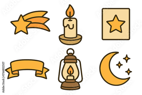 Celestial and light source symbols including crescent moon, shooting star, candle, and vintage lantern set