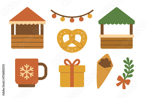 Collection of festive winter market vendor stalls, food kiosks, sweet pretzel, and warm beverage cup