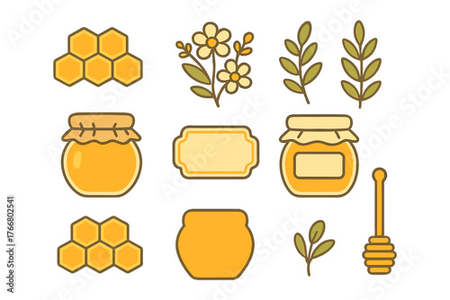 Sweet honey elements set with jars, honeycomb, flowers, leaves, and wooden dipper