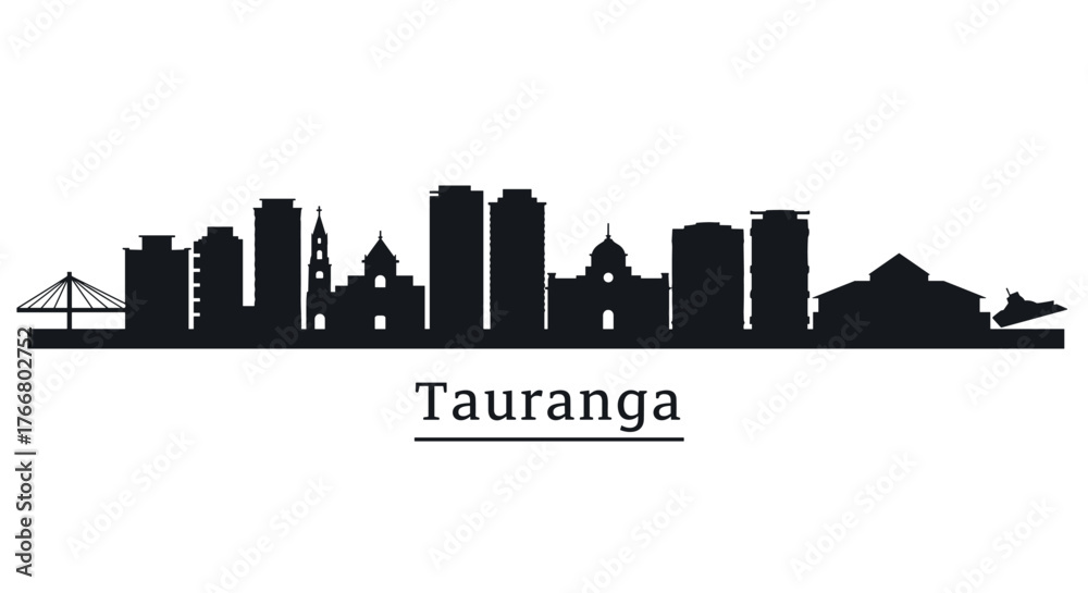 Fototapeta premium Tauranga city skyline silhouette: iconic landmarks and modern structures