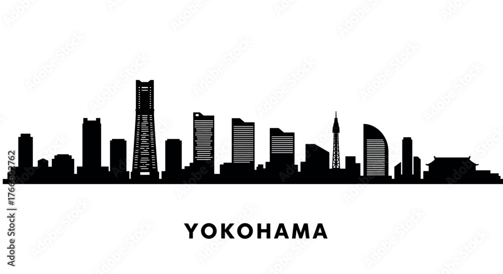 Fototapeta premium Yokohama skyline silhouette with famous landmark icons in black outline