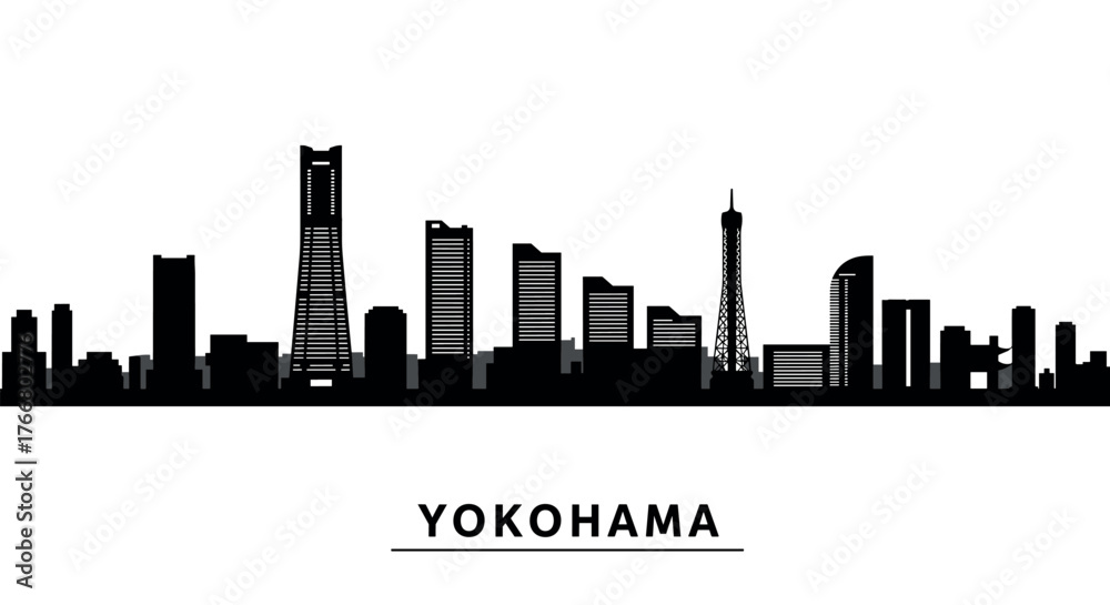 Obraz premium Yokohama city skyline silhouette featuring iconic buildings and tower