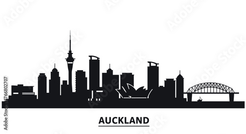Auckland city skyline silhouette featuring iconic landmarks
