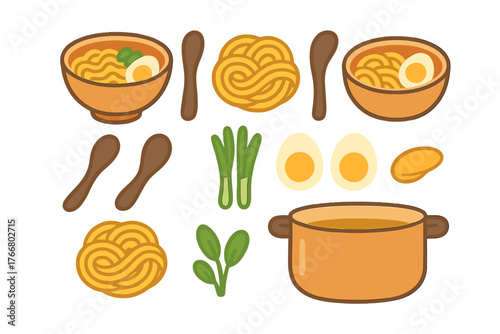 Set of Asian ramen noodle soup ingredients including bowls, broth, eggs, and spoons