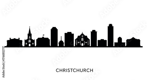 Christchurch cityscape silhouette: iconic skyline in black and white