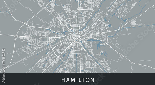Hamilton urban street map: monochrome city layout with detailed roads and landmarks