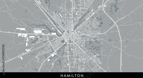 Detailed grey map of hamilton city with street and waterway layout