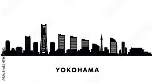 Yokohama skyline silhouette with famous landmark icons in black outline