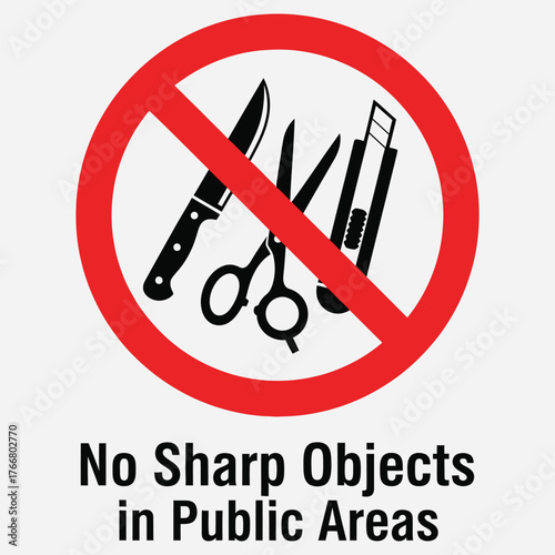A vector graphic of a prohibition sign warning against carrying sharp objects such as knives, scissors, and cutters in public areas for safety