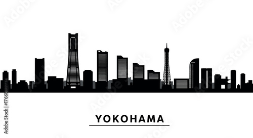 Yokohama city skyline silhouette featuring iconic buildings and tower
