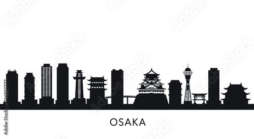 Osaka skyline silhouette featuring iconic landmarks and modern architecture