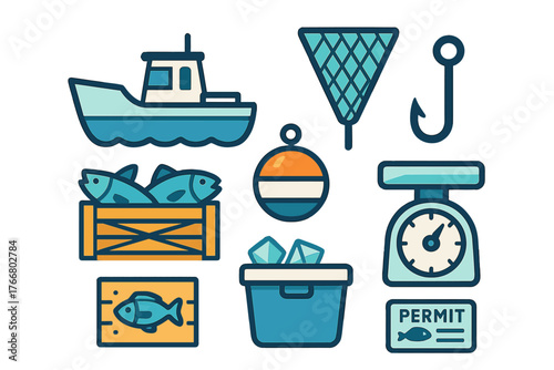 Commercial fishing industry symbols showing boat, net, hook, scale, and fresh fish elements