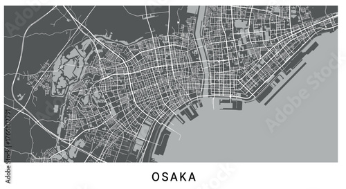 Detailed city map of osaka in monochrome style