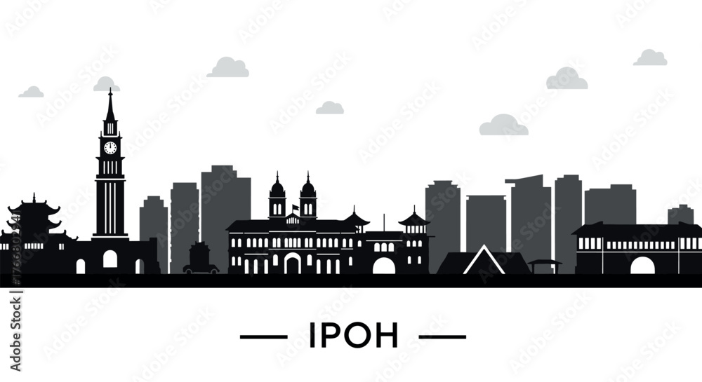 Naklejka premium Ipoh cityscape silhouette with modern and traditional architecture