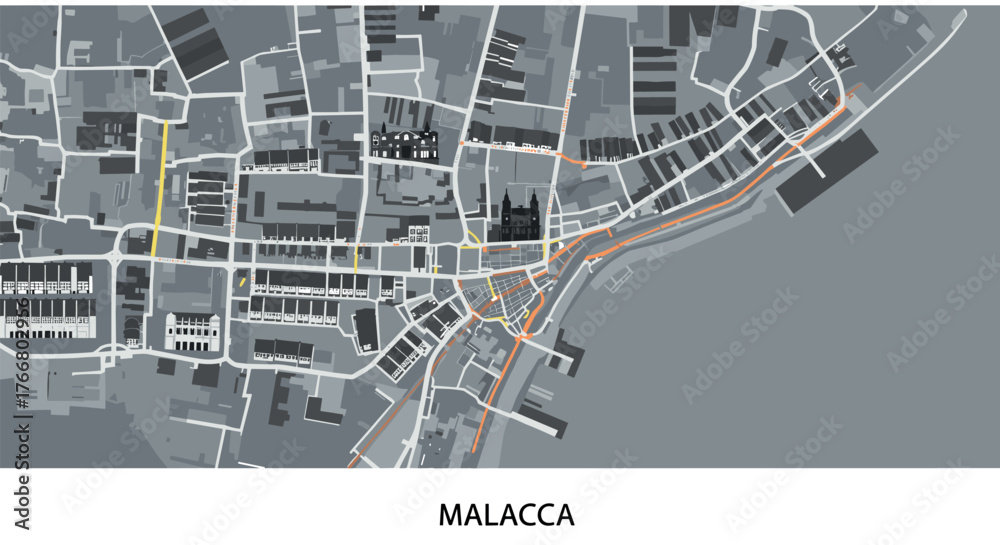 Fototapeta premium Detailed urban map of malacca with roads and buildings in modern flat style