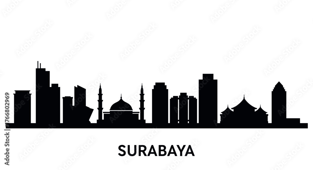 Naklejka premium Surabaya city skyline silhouette with iconic landmarks