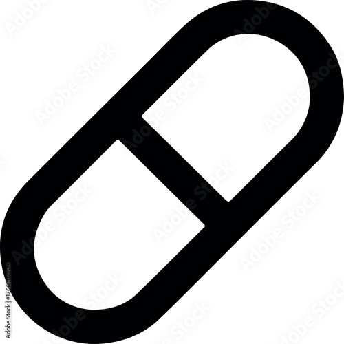 Simple black outline of a capsule or pill on a white background representing medication and health
