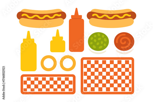 Hot dogs, mustard, ketchup, relish, onion rings, and checkered fast food trays
