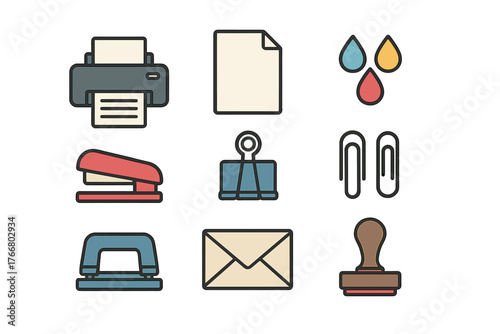 Office supplies and stationery items including printer, stapler, paper, envelope, and rubber stamp