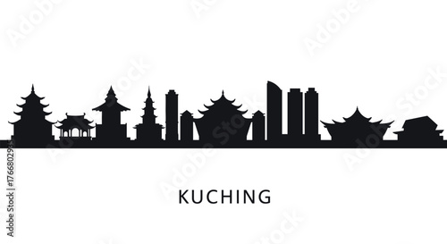 Kuching city silhouette: iconic landmarks and skyscrapers in black and white