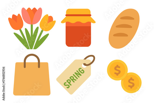 Spring grocery shopping elements including flowers, jam, bread, bag, price tag, and money